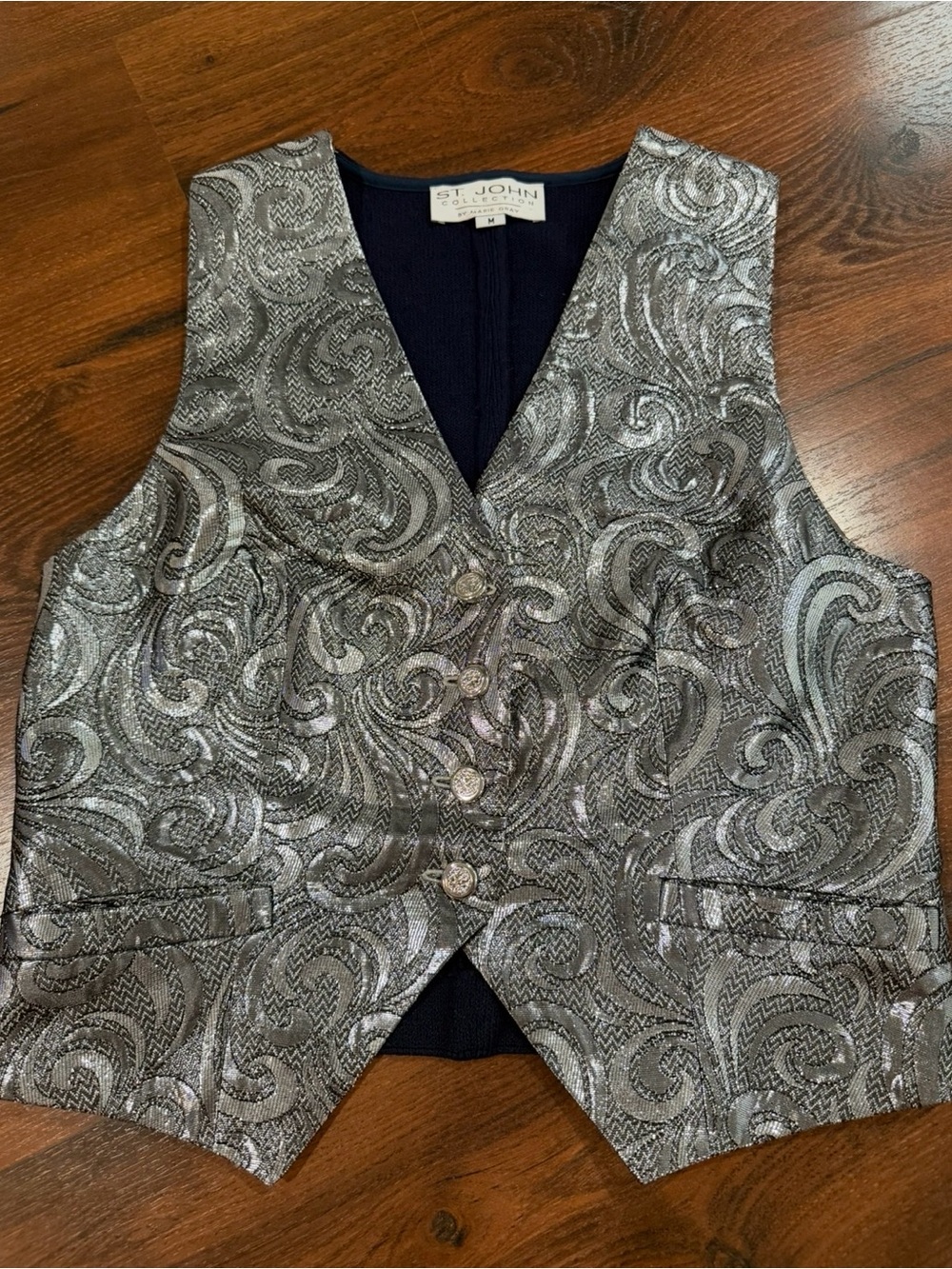 St John Collection Marie Gray Vest Navy Silver Paisley Bling M Silk Wool Bl